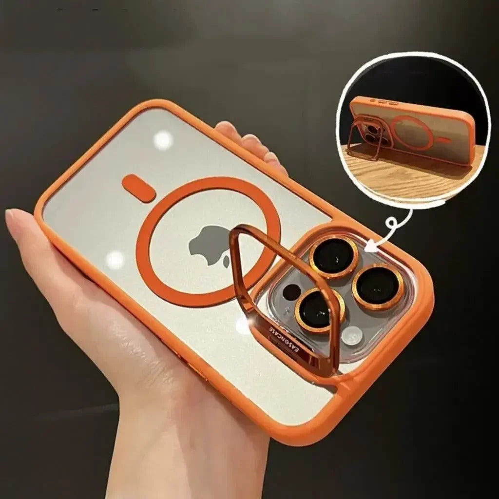 Capa magnética para iPhone com o suporte da câmera aberto